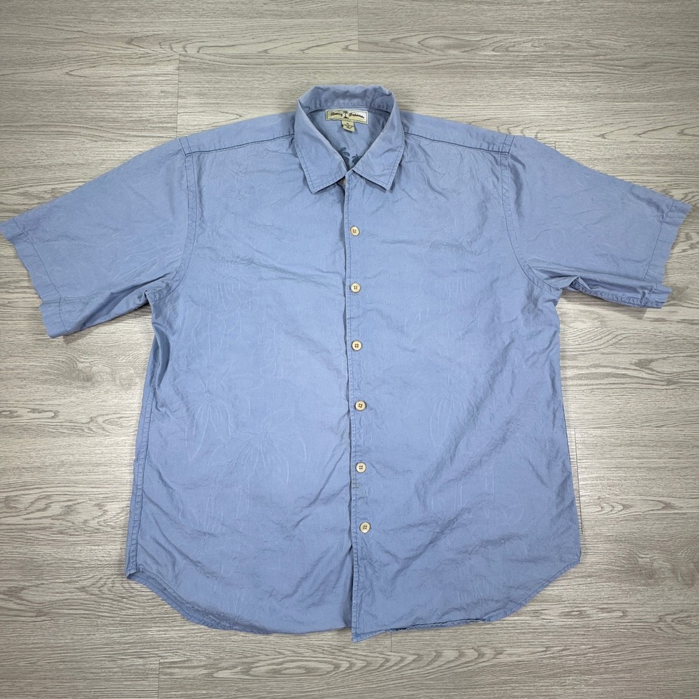 Tommy Bahama Mens Shirt XL Blue Jacquard Palm Tree Cotton‎ Short Sleeve Beachy